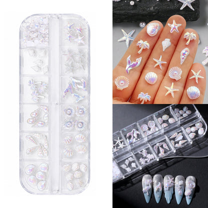 Ocean-themed nail charms set with seashells, starfish, and pearls