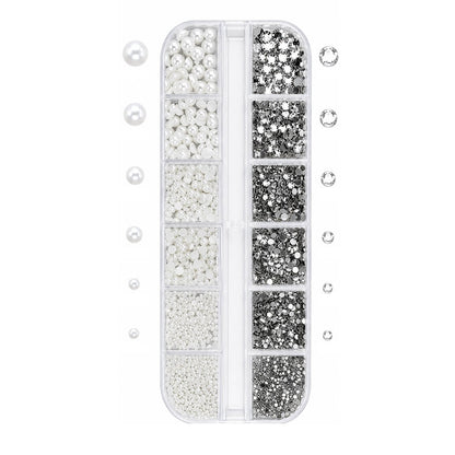 Nail decoration kit with pearls, rhinestones, and storage case