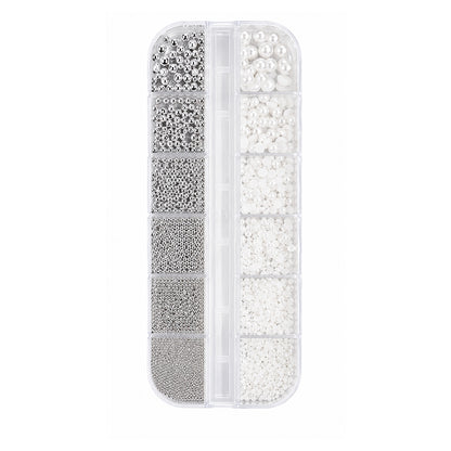 Mixed-size pearl and silver nail decorations with storage case