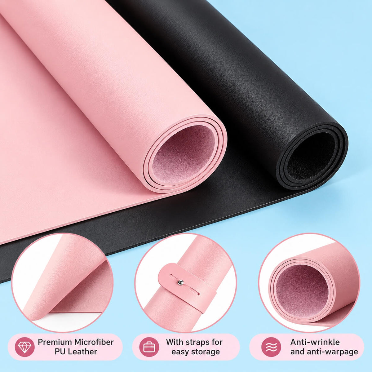 Professional pink manicure table mat with a water-resistant and easy-to-clean surface