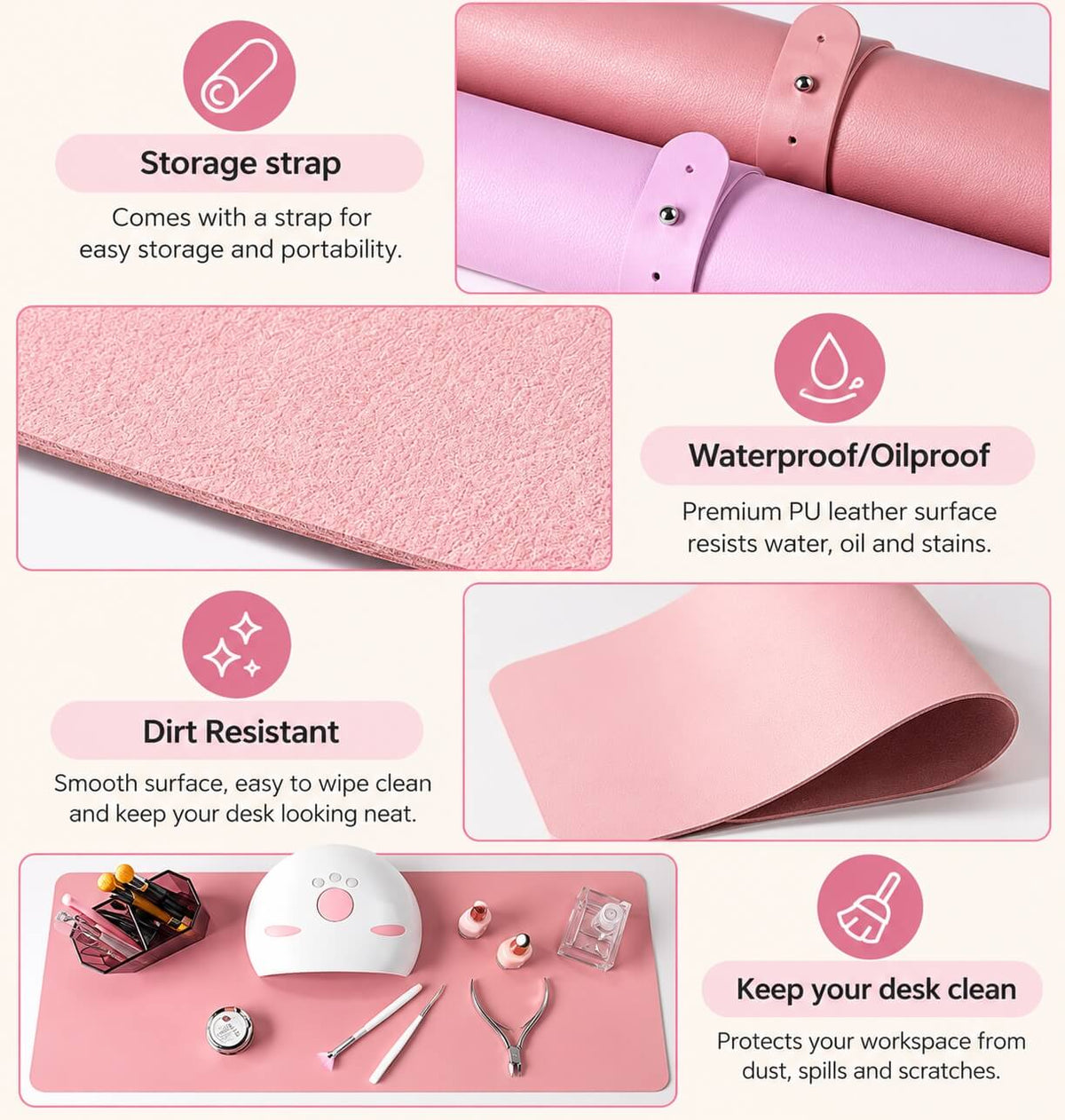 Roll-up pink nail desk protector made from microfiber PU leather with fastening strap