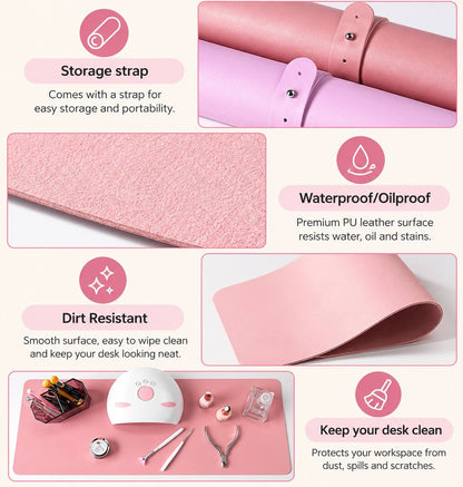 Roll-up pink nail desk protector made from microfiber PU leather with fastening strap