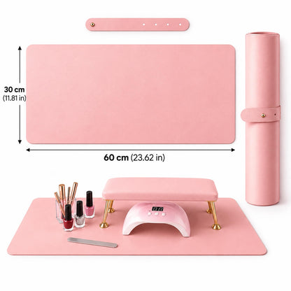 Pink waterproof microfiber PU leather nail table mat, 60 × 30 cm, with storage strap