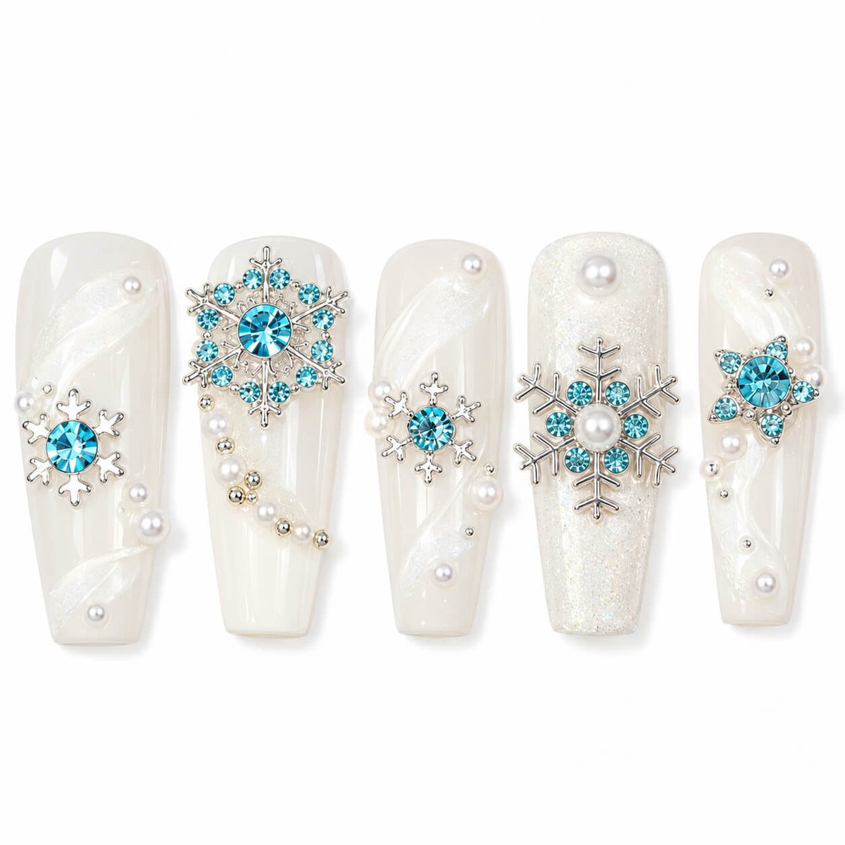 Silver Christmas nail charms with turquoise-blue rhinestones and white pearl centers