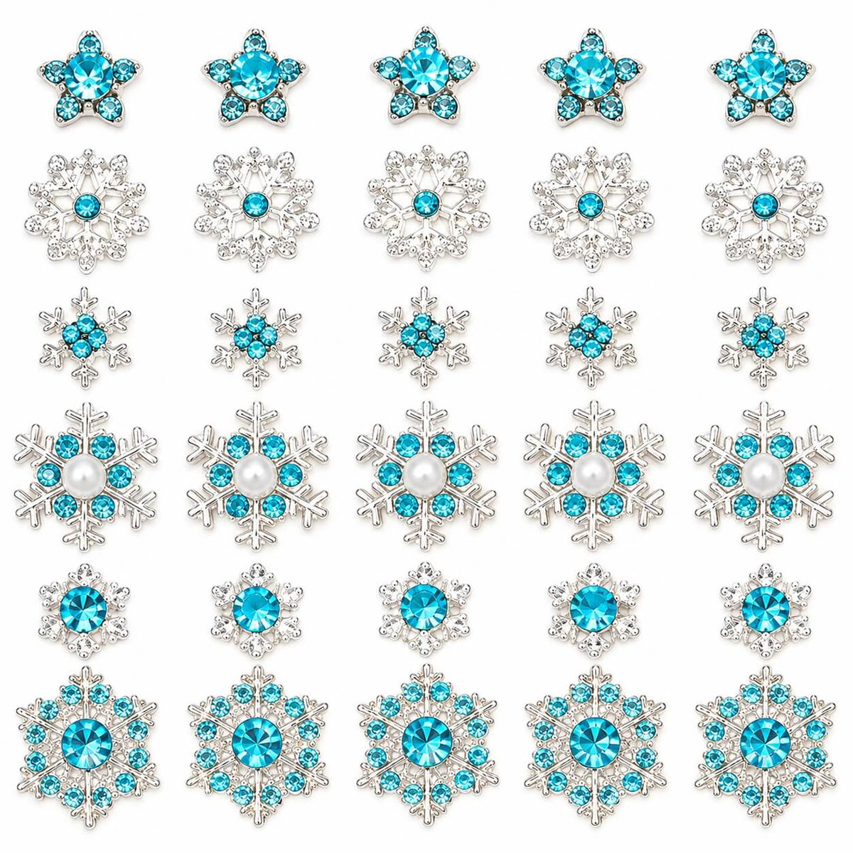 Winter nail decoration set featuring six silver snowflake and crystal designs