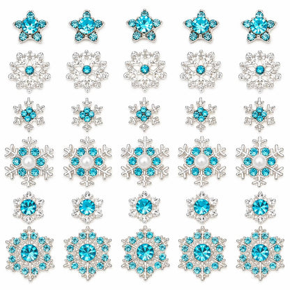 Winter nail decoration set featuring six silver snowflake and crystal designs