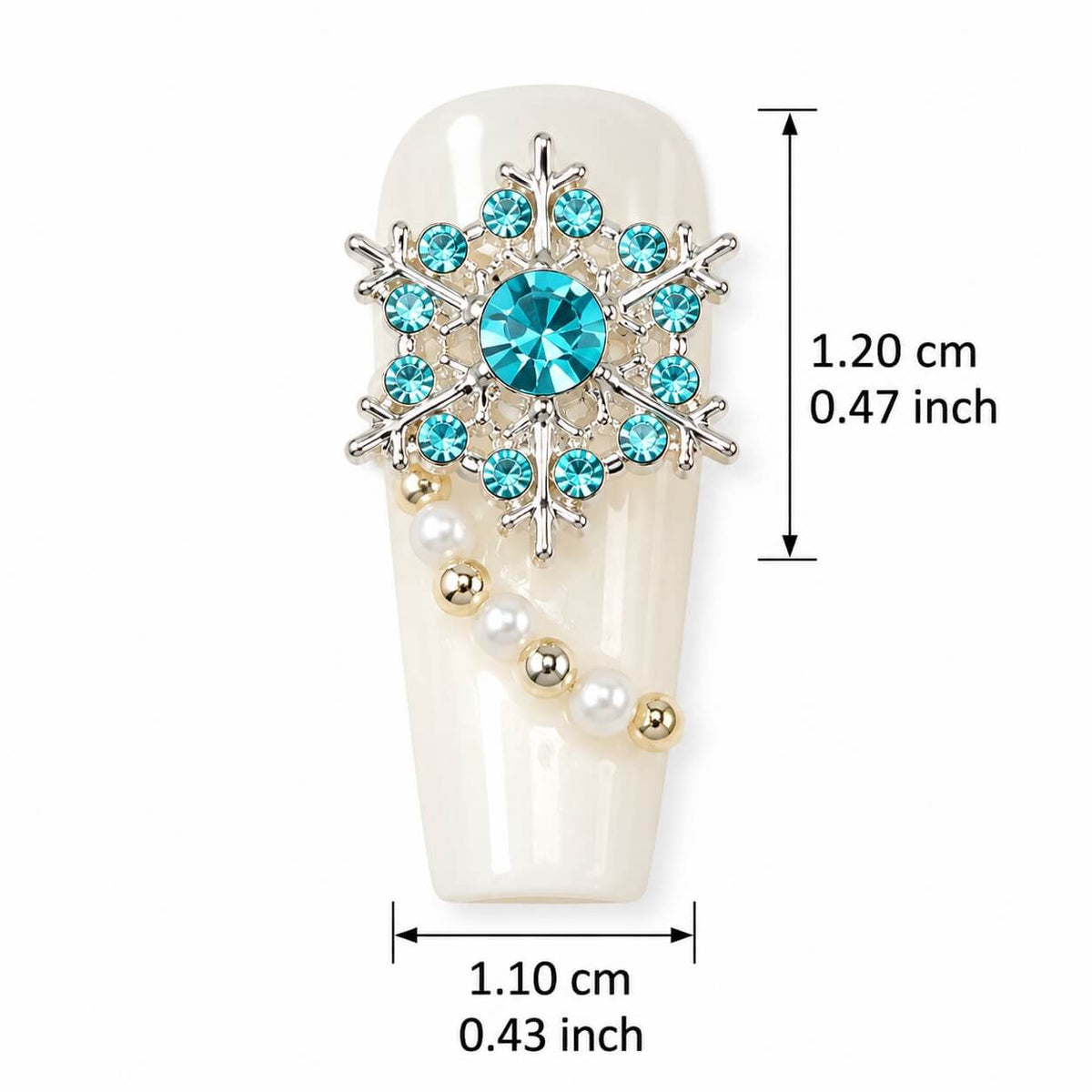 Silver snowflake nail art charms with blue rhinestones and pearl accents, 30 pieces