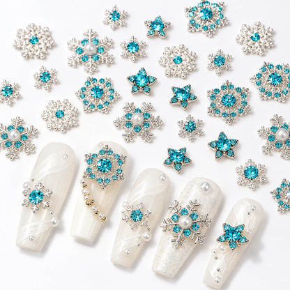 Silver Snowflake Nail Art Charms with Blue Rhinestones – 30 pcs