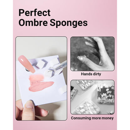 Fingers holding a white nail sponge cube in a grabbing pen over a pink nail
