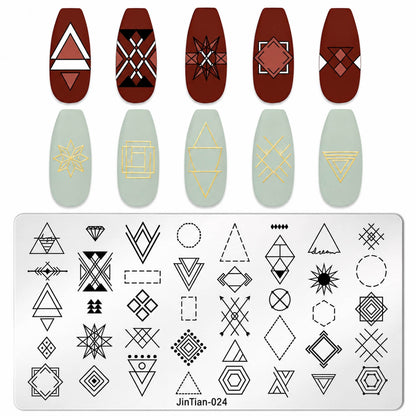 Rectangular nail stamping plate with triangles, diamonds and hexagons
