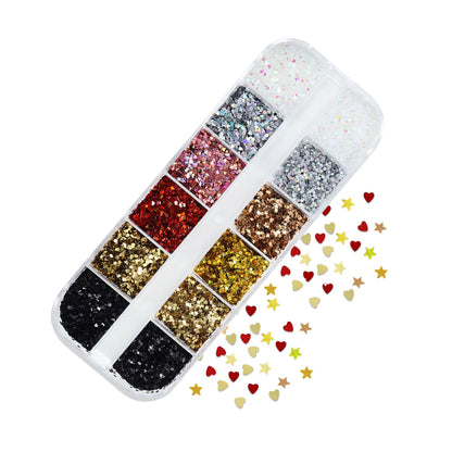 Star & Heart Nail Glitter Set, red and gold heart glitter on pink nail tips