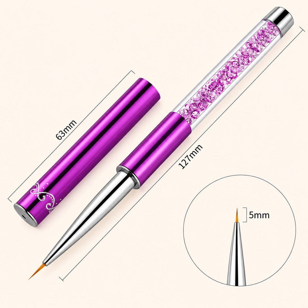 Purple nail art liner brush with a metallic cap, 127mm long