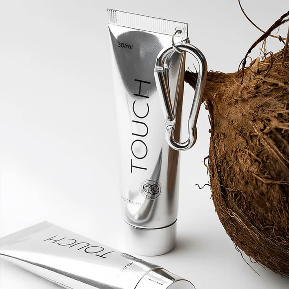 TOUCH Silver Line Hand Cream Coconut with Carabiner — cream texture close-up