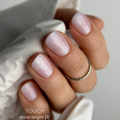 TOUCH Builder Gel Shine Bright 3 — swatch on nail tip, mirror pearl finish