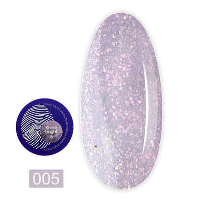 TOUCH Builder Gel Shine Bright 5 — open bottle with brush, light pink shimmer gel