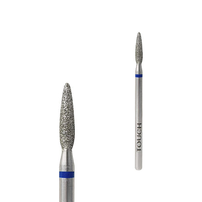 TOUCH Diamond Flame Bit Rounded Tip Blue 023 — full bit, rounded flame shape close-up