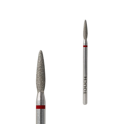 023 — TOUCH Diamond Flame Bit Rounded Tip Red — full bit, rounded flame shape close-up