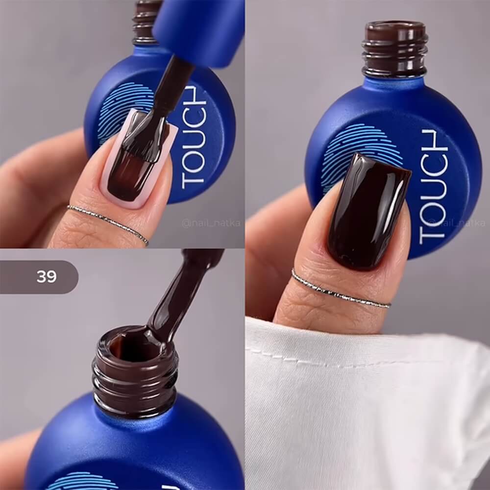 Dark brown shade of TOUCH Gel Polish #39 swatched on nails
