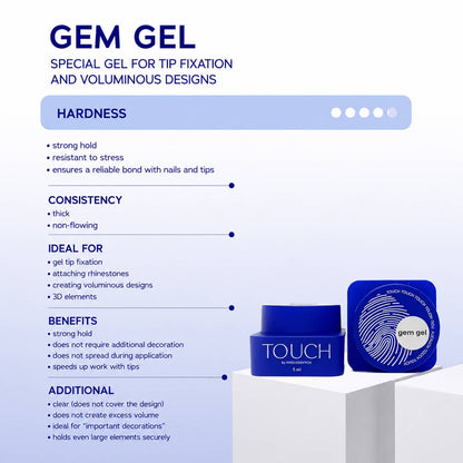 A clear gel built for voluminous designs and tip-based nail extensions, securing rhinestones, charms, and decorative elements while creating raised, dimensional details that bond firmly to the natural nail or overlay.