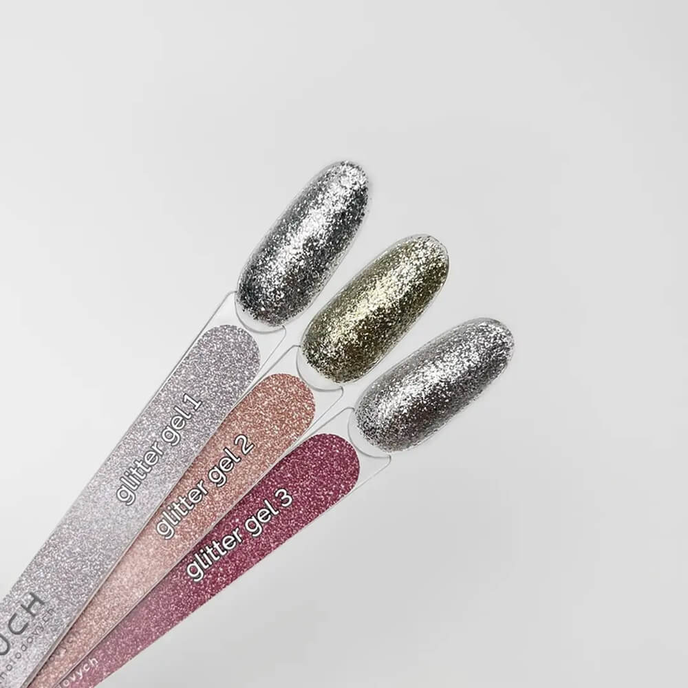 TOUCH Glitter Gel 2 — open jar with brush, dense glitter gel