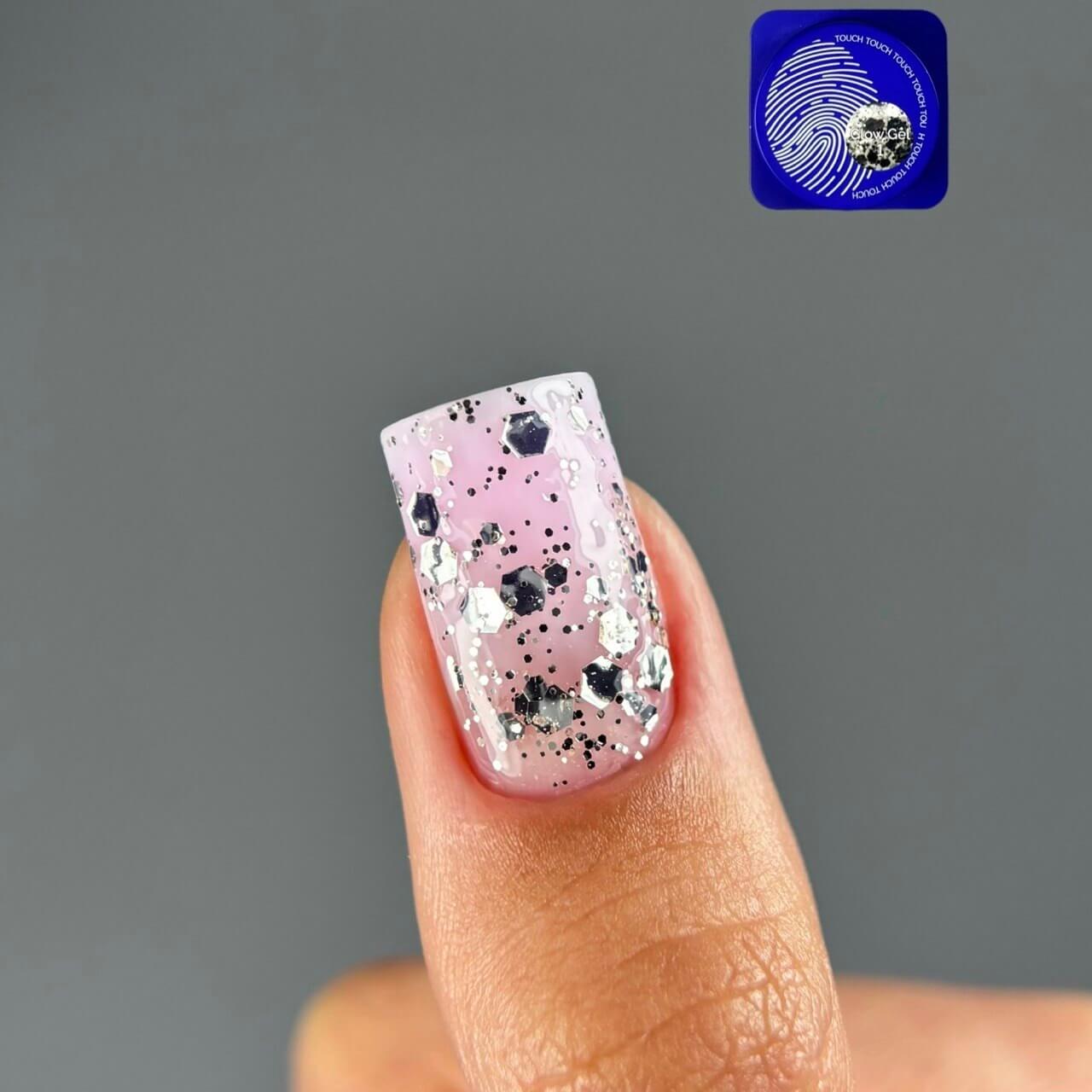 TOUCH Glow Gel 1 — full nail coverage in silver holographic glitter