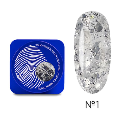 TOUCH Glow Gel 1 — closed jar, clear gel with silver holographic flakes