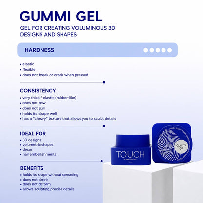 A transparent, flexible gel built for creating 3D nail designs, with a consistency similar to modeling clay — thick and moldable rather than fluid, letting a technician shape raised, sculptural details directly on the nail.