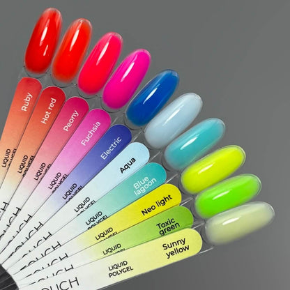 Neon green liquid polygel for nail modeling and structural repairs