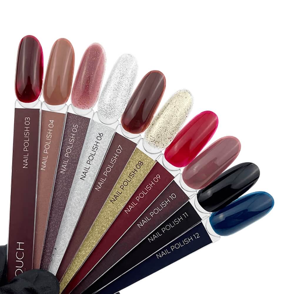 8ml — TOUCH Nail Polish 03 — open bottle with brush, burgundy lacquer