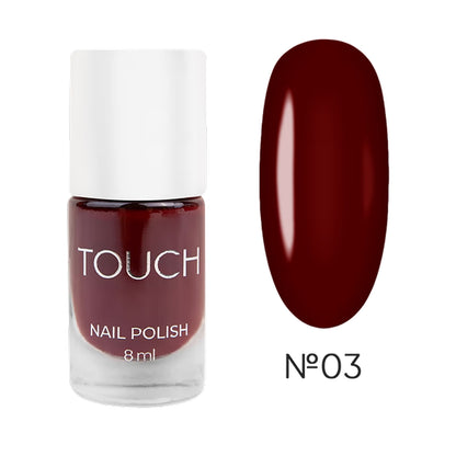 TOUCH Nail Polish 03 — swatch on nail tip, rich burgundy finish