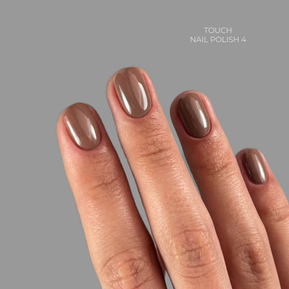 8ml — TOUCH Nail Polish 04 — swatch on nail tip, glossy brown finish