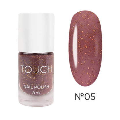 8ml — TOUCH Nail Polish 05 — closed bottle, deep brown with gold glitter
