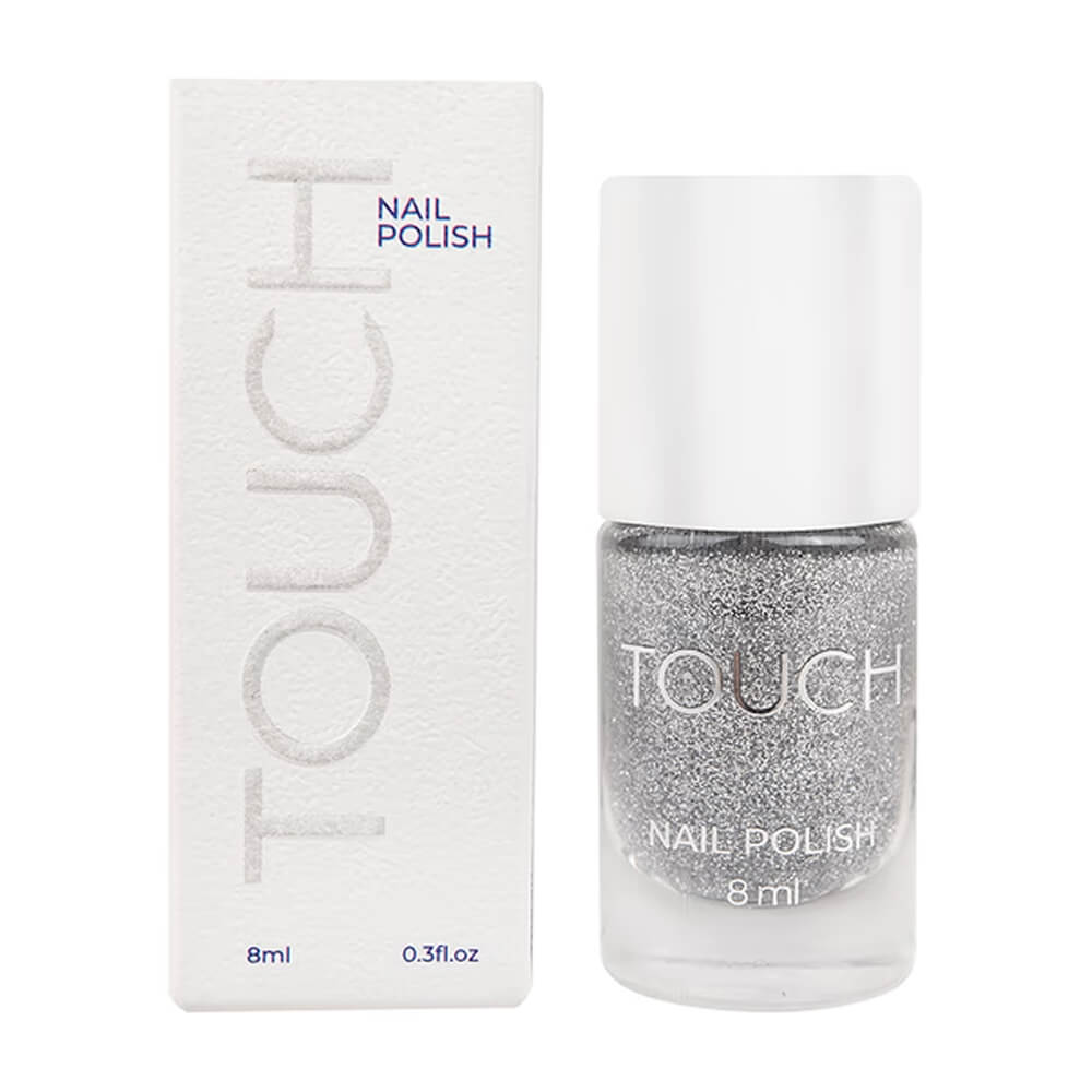 8ml — TOUCH Nail Polish 06 — open bottle with brush, clear shimmer enamel