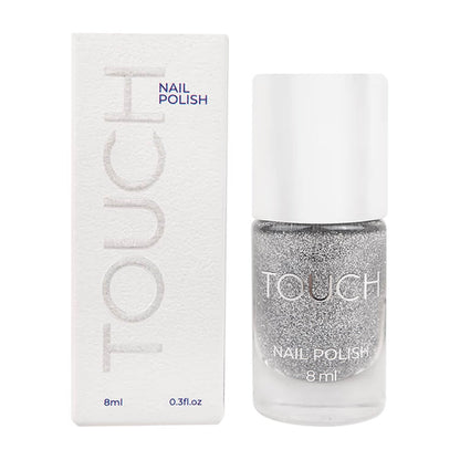 8ml — TOUCH Nail Polish 06 — open bottle with brush, clear shimmer enamel