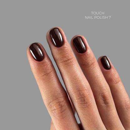 8ml — TOUCH Nail Polish 07 — swatch on nail tip, solid brown finish