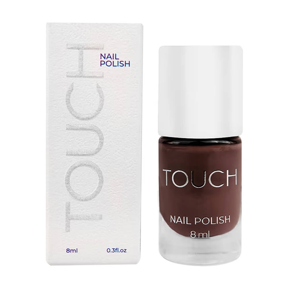 TOUCH Nail Polish 07 — open bottle with brush, deep brown enamel