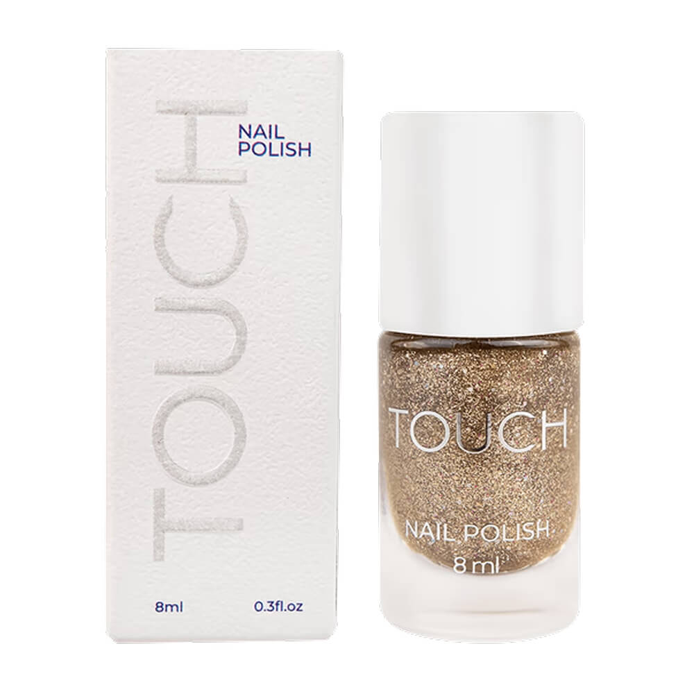 TOUCH Nail Polish 08 — open bottle with brush, clear gold enamel
