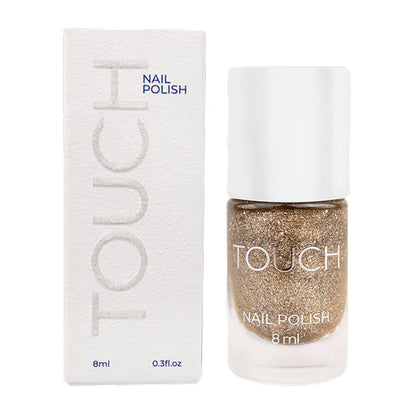 TOUCH Nail Polish 08 — open bottle with brush, clear gold enamel