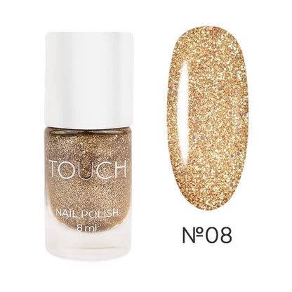 TOUCH Nail Polish 08 — closed bottle, clear with gold shimmer